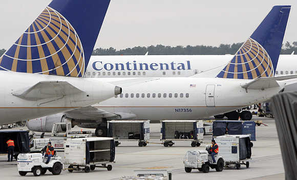Continental Airlines planes prepare for take off at Houston/George Bush Intercontinental Airport in Houston, Texas.