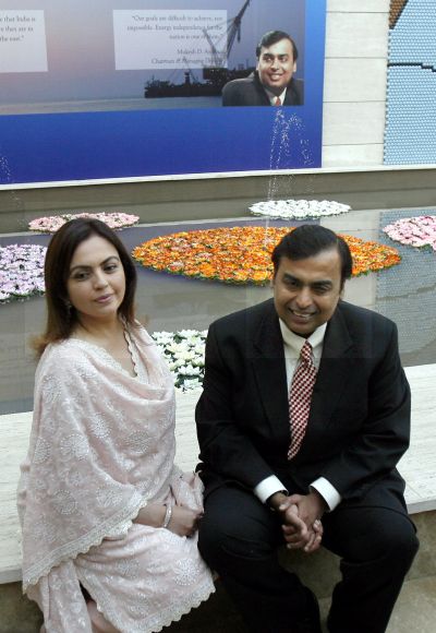 Mukesh Ambani, chairman of Reliance Industries, poses with wife Nita.