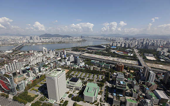 A view of Gangnam area down the Han River in Seoul, South Korea.
