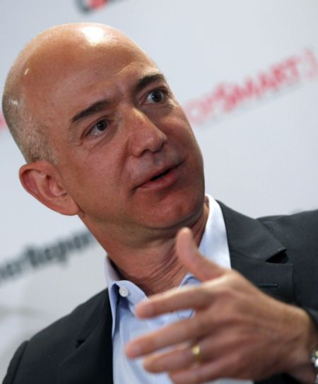 Amazon.com President, Chief Executive and Chairman Jeffrey Bezos speaks with employers and attendees at the Consumer Reports headquarters in Yonkers, New York