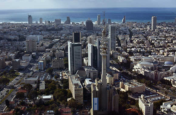 A view of central Tel Aviv backed by the Mediterranean Sea in Israel.