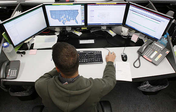 Josh Mayeux, network defender, works at the Air Force Space Command Network Operations and Security Center at Peterson Air Force Base in Colorado Springs, Colorado, United States.