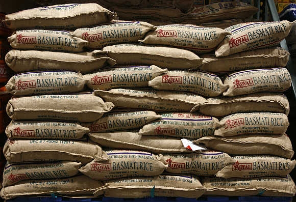 Bags of basmati rice at a Costco store in Arlington, Virginia.