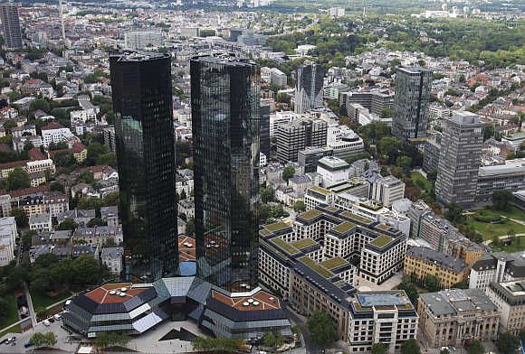 Headquarters of Germany's largest business bank, Deutsche Bank, in downtown Frankfurt.
