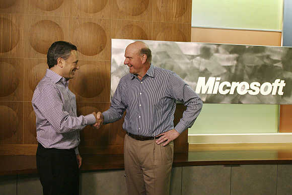 Yammer CEO David Sacks, left, and Microsoft CEO Steve Ballmer in San Francisco.