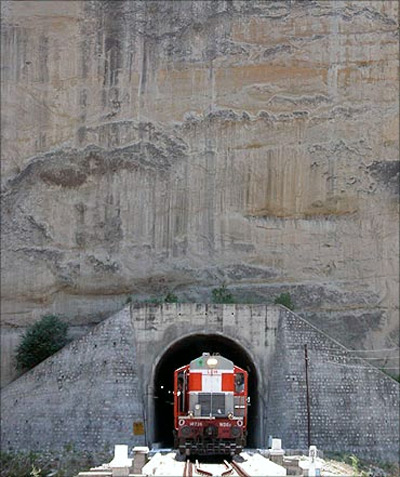  A train passes through a tunnel on Jammu-Udhampur rail line.