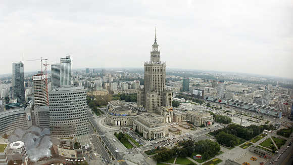 A view of the capital of Poland with the biggest structure in the city, the Palace of Culture, in Warsaw.