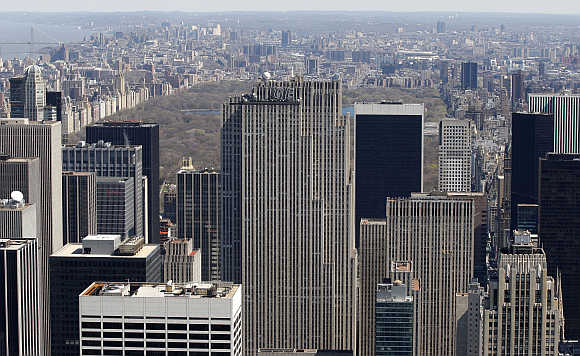 Rockefeller Center, centre, in front of Central Park in New York City.