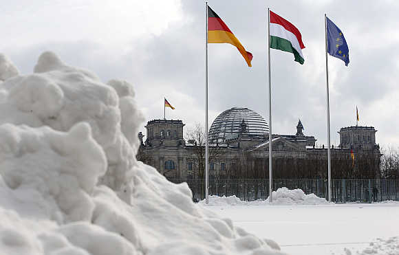 Snow covers the yard at the Chancellery in Berlin.