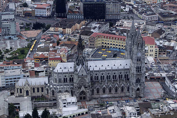 An aerial view shows Quito's Basilica church in Ecuador.