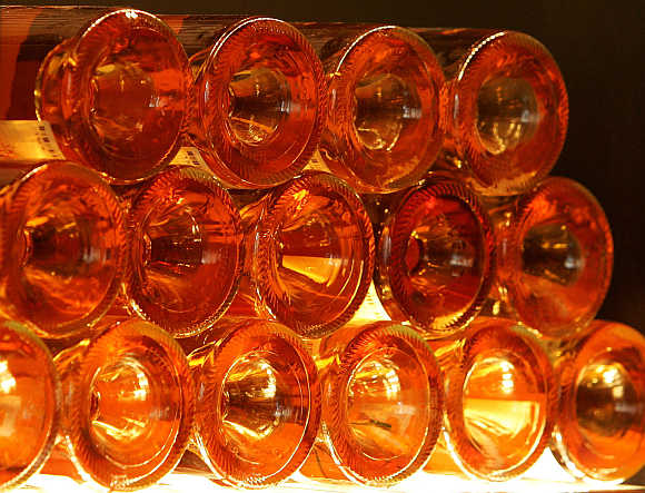 Bottles of Sauternes wine in the Millesima cellar in Bordeaux, southwestern France.