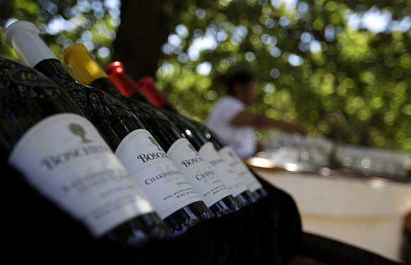 Bottles on display for a wine tasting at the Boschendal winery in Stellenbosch, about 80km southwest of Cape town, South Africa.