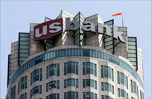 logo of US Bank is seen atop the US Bank Tower in downtown Los Angeles.