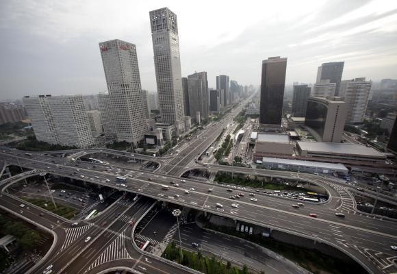 A general view of the office buildings and Guomao Bridge (bottom) in Beijing's Central Business District.