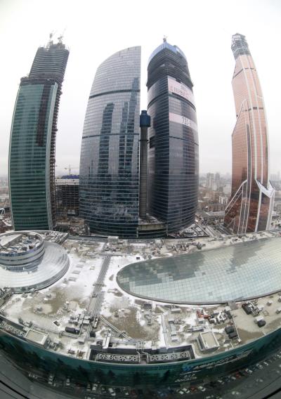 A general view shows the Moscow International Business Center and the Mercury City Tower (R) after a ceremony to present it as Europe's tallest skyscraper in Moscow.