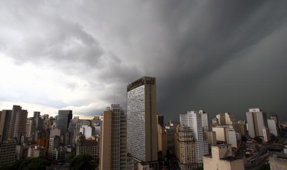 Storm clouds are seen above the city in Sao Paulo.