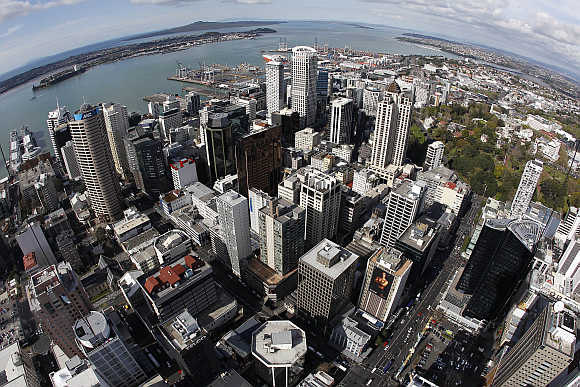 A view of Auckland from atop the Sky Tower in New Zealand.