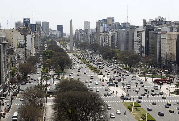 A view of Buenos Aires' 9 de Julio Avenue with the Obelisk in the background in Argentina.