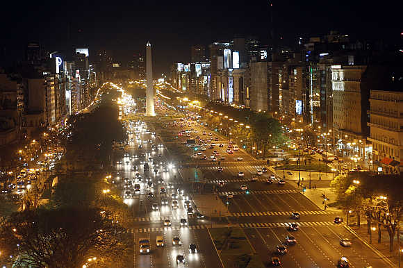 A view of the Buenos Aires' 9 de Julio Avenue with the Obelisk in the background in Argentina.