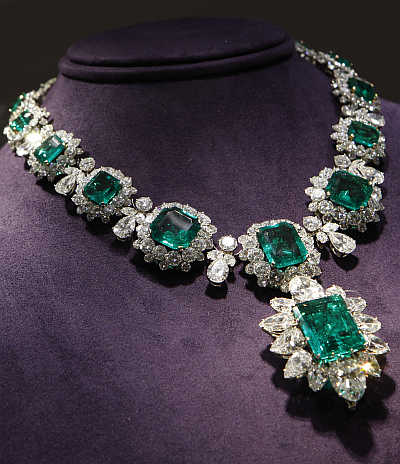 An emerald and diamond necklace by Bvlgari at Christie's auction of Elizabeth Taylor's collection in Los Angeles, United States. The necklace is expected to bring $1.5 million.
