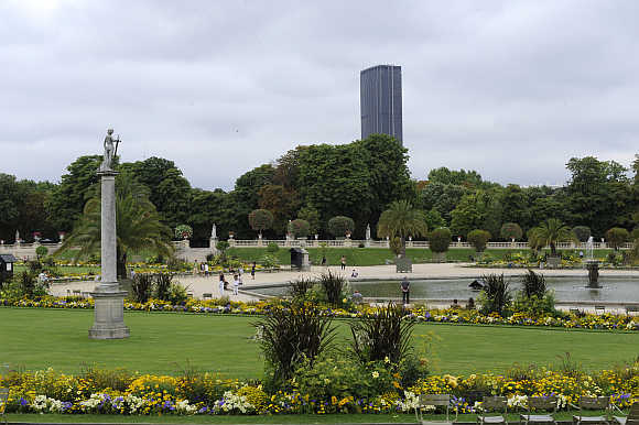 A view of Montparnasse Tower from the Luxembourg Gardens in Paris, France.