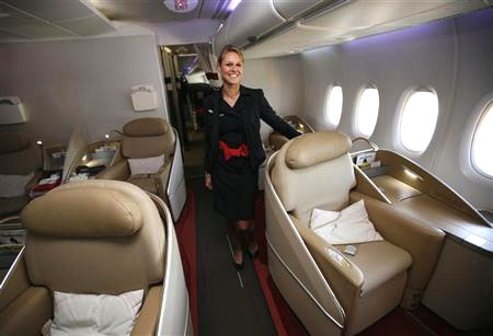 File photo of an Air France KLM flight attendant in the first class cabin of the Airbus A380 aircraft during a hand-over ceremony at the manufacturer's site in Finkenwerder near Hamburg.