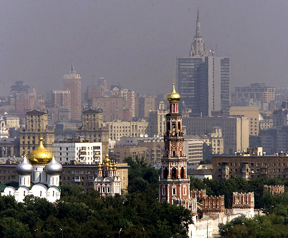 A view of downtown Moscow shows the city covered in smoke from turf fires.