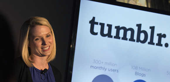 Yahoo CEO Marissa Mayer speaks at a news conference in New York.