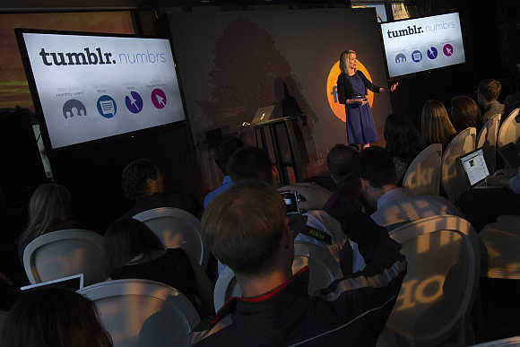 Yahoo CEO Marissa Mayer speaks at a news conference in New York.