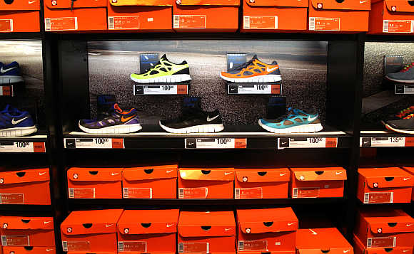 Nike running shoes on display at a store in Encinitas, California.