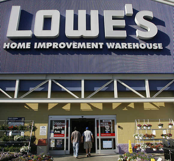 Two customers enter a Lowe's store in Burbank, California.