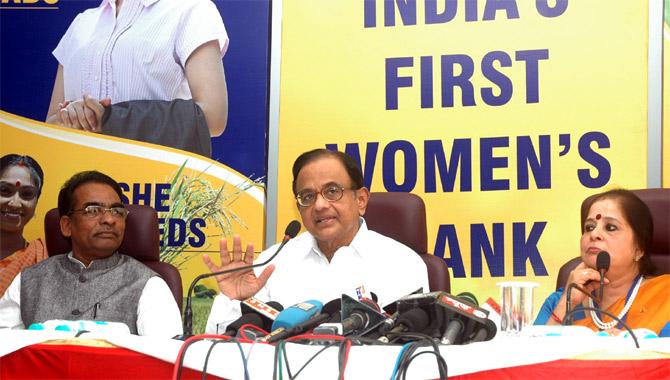 P Chidambaram with Usha Ananthasubramanian at the inauguration of the Mahila Bank.