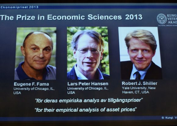 Photos of the 2013 Nobel Prize laureates in Economic Sciences Eugene Fama (L-R), Lars Peter Hansen and Robert Shiller are displayed during a news conference at the Royal Swedish Academy of Sciences in Stockholm.
