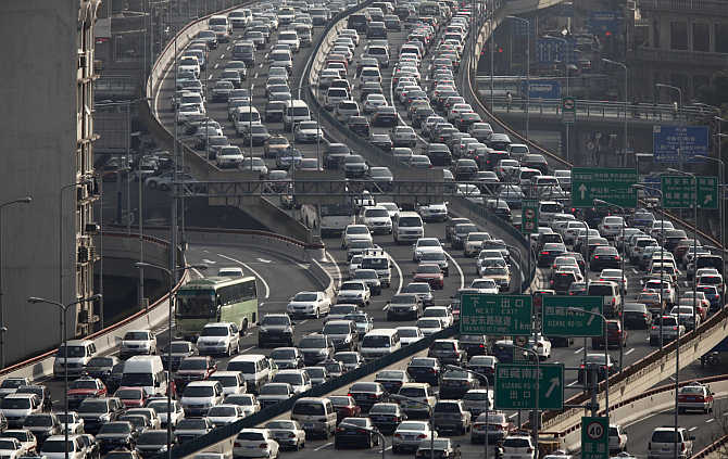 A view of heavy traffic on a highway during the morning rush hours in Shanghai, China.
