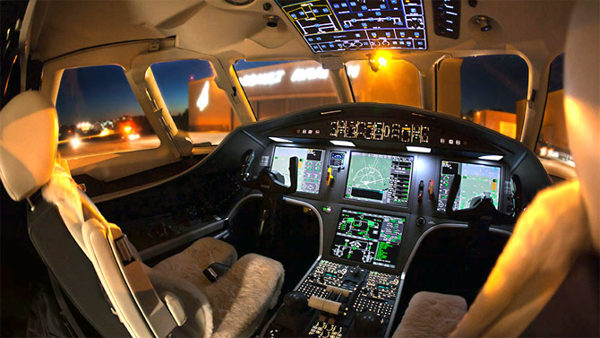 The cockpit of a business jet.