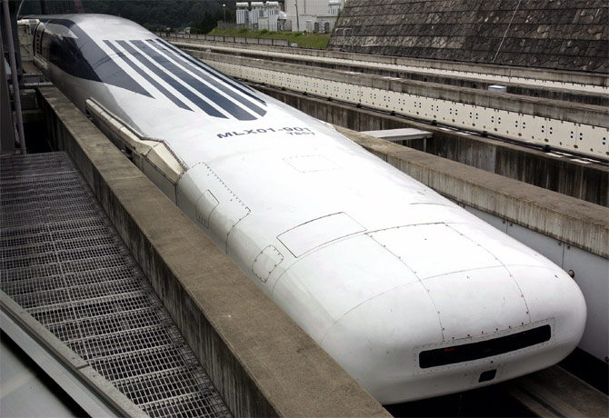 Central Japan Railway Co.'s Maglev train, which is levitated and propelled by magnetic forces, is seen at an 18.4 kilometre test track in Tsuru.