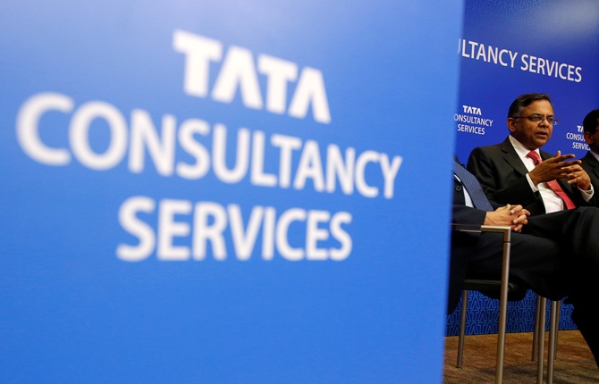 Tata Consultancy Services Chief Executive N Chandrasekaran speaks during a news conference in Mumbai.