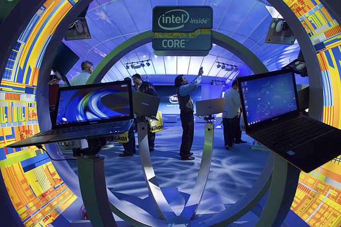 A view of Intel booth at the International Consumer Electronics Show in Las Vegas, Nevada.