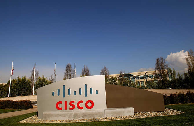 The Cisco logo is displayed at the technology company's campus in San Jose, California.