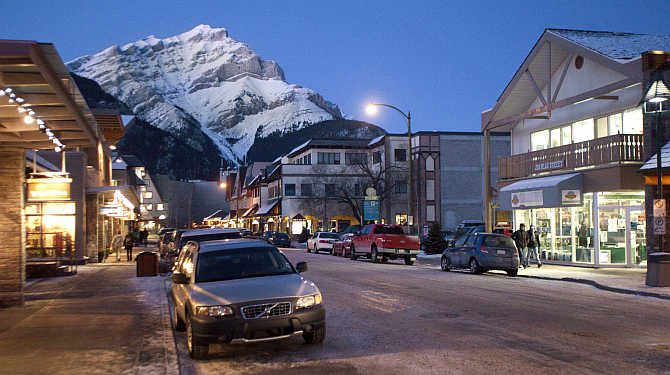 An early evening view of downtown Banff, Alberta, Canada.