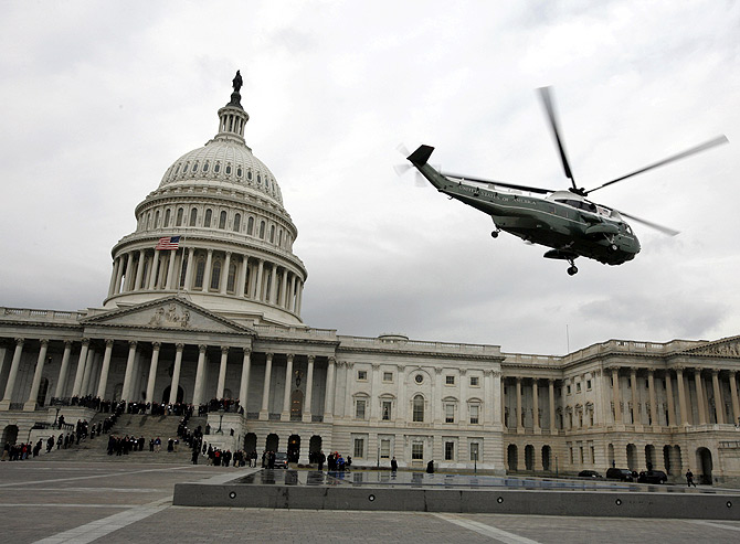 A Marine helicopter lifts off from the East Front of the U.S. Capitol Building in Washington.