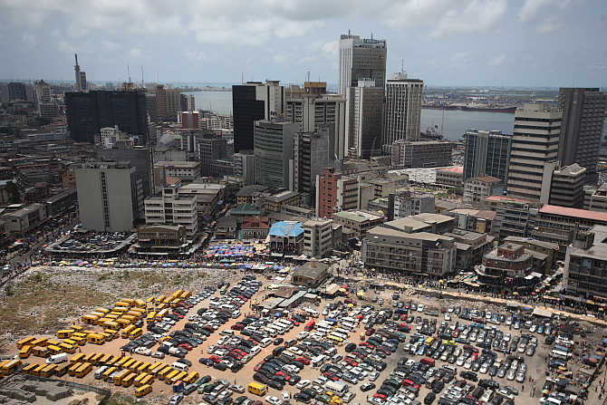 An aerial view shows the central business district in Nigeria's commercial capital of Lagos.