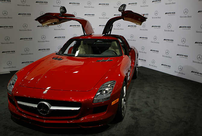 A 2013 Mercedes-Benz SLS AMG Gullwing coupe on display in Washington.