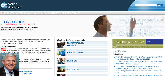 Homepage of Verisk Analytics website. Inset, Frank Coyne.