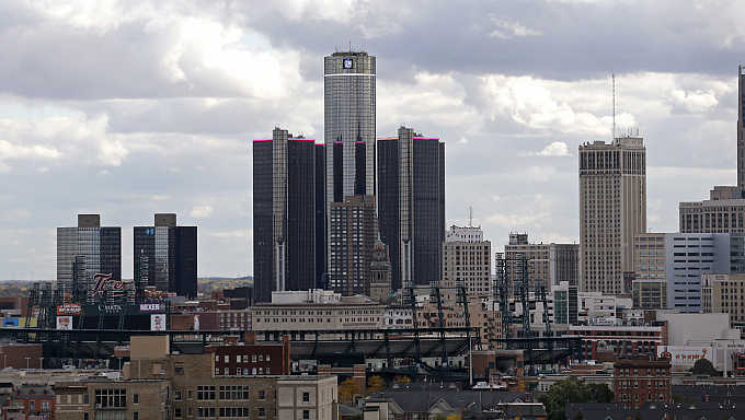 A view of General Motors World Headquarters, centre, in Detroit, Michigan.
