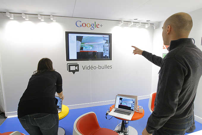 A video hangouts stand is pictured at the headquarters of Google France in Paris.