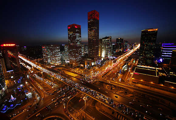 A view of the city skyline from the Zhongfu Building at night in Beijing, China.