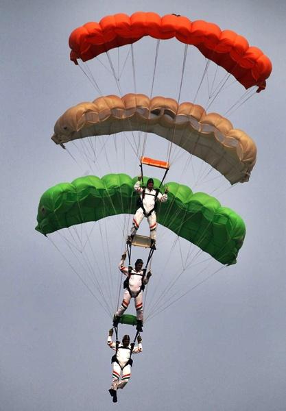 Indian Air Force sky divers form the Indian tri-colour at Hindon airport in Ghaziabad.