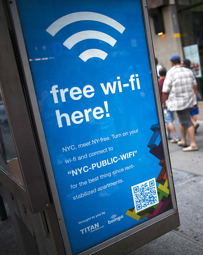 A Wi-Fi-enabled phone booth in New York City.