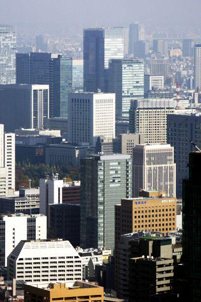 A cluster of high-rise buildings in the Marunouchi district is seen in Tokyo.